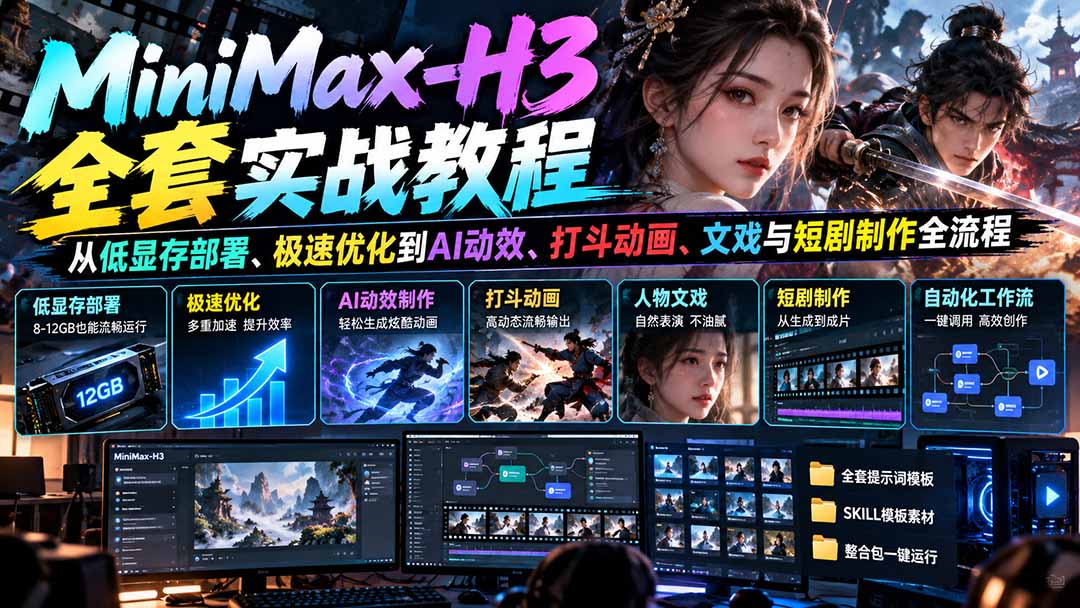 MiniMax-H3全套实战教程：从低显存部署、极速优化到AI动效、打斗动画、文戏与短剧制作全流程|一人科技OPC聚合软件