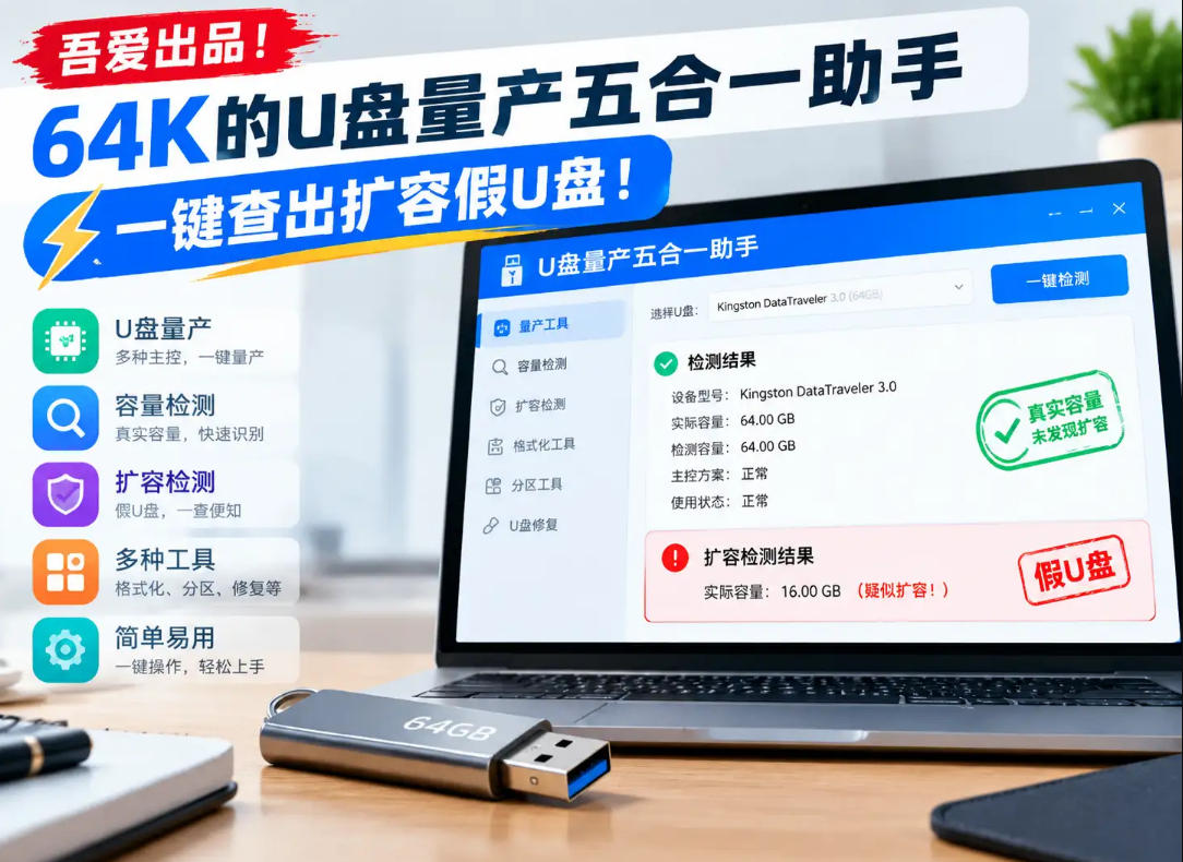 吾爱出品！64K的U盘量产五合一助手，一键查出扩容假U盘！|一人科技OPC聚合软件
