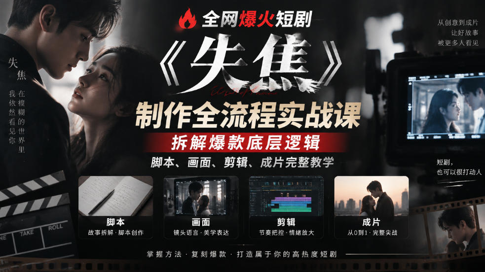 全网爆火短剧《失焦》制作全流程实战课｜拆解爆款底层逻辑，脚本、画面、剪辑、成片完整教学|一人科技OPC聚合软件