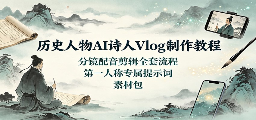 历史人物AI诗人Vlog制作教程：分镜配音剪辑全套流程，第一人称专属提示词素材包|一人科技OPC聚合软件