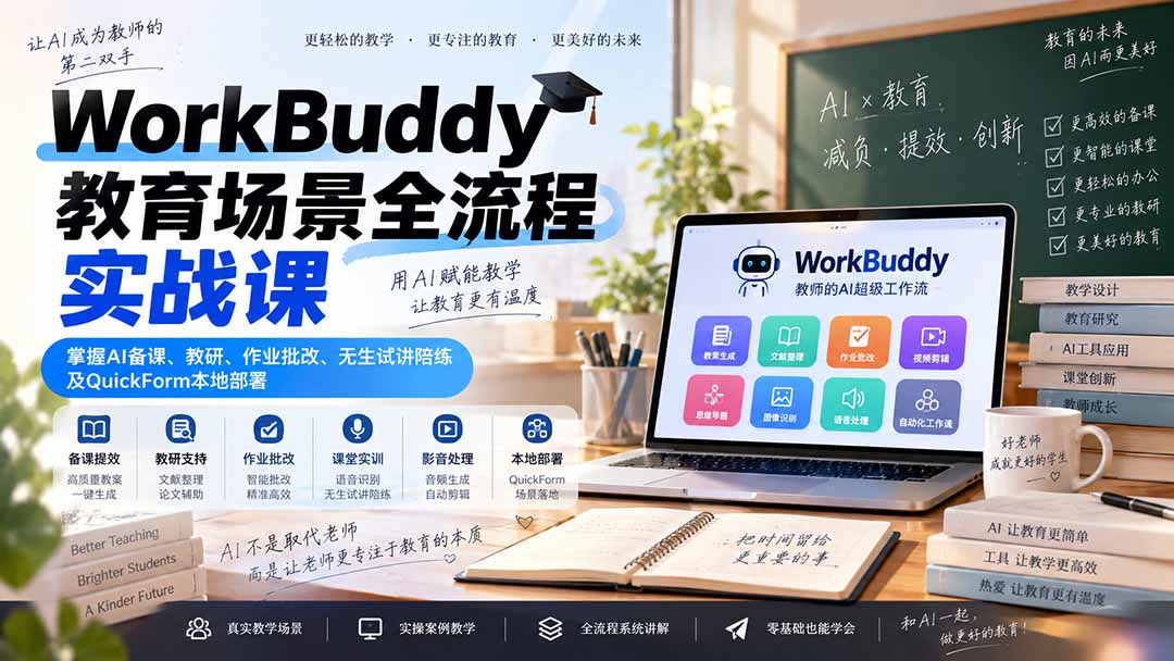 WorkBuddy教育场景全流程实战课：掌握AI备课、教研、作业批改、无生试讲陪练及QuickForm本地部署|一人科技OPC聚合软件
