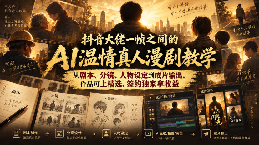 抖音大佬一帧之间的AI温情真人漫剧教学，从剧本、分镜、人物设定到成片输出，作品可上精选、签约独家拿收益|一人科技OPC聚合软件