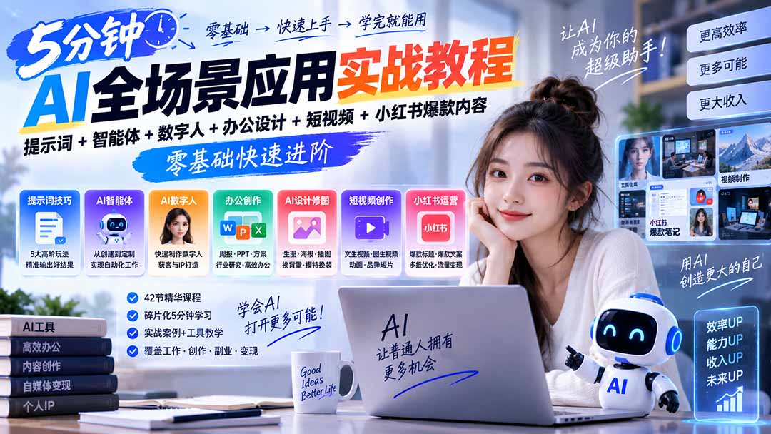 AI全场景应用实战教程｜提示词+智能体+数字人+办公设计+短视频+小红书爆款内容，零基础快速进阶|一人科技OPC聚合软件