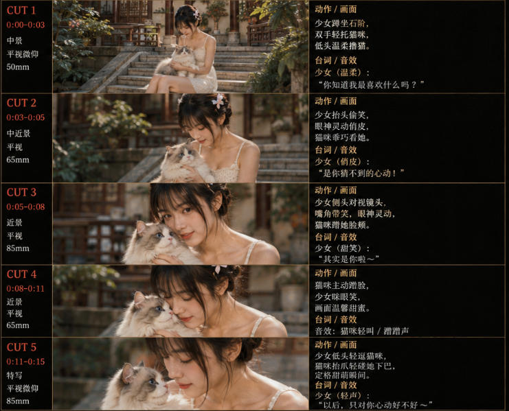 美女和猫故事提示词，人物一致性提示词+故事板|一人科技公司导航