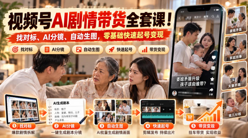 视频号AI剧情带货全套课！找对标、AI分镜、自动生图，零基础快速起号变现|一人科技OPC聚合软件