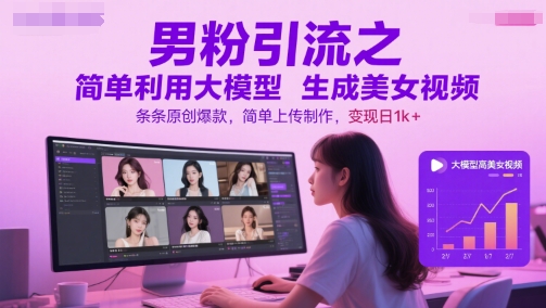 男粉引流之简单利用大模型生成美女视频，条条原创爆款，简单上传制作，变现日1k+|HOOK协议网