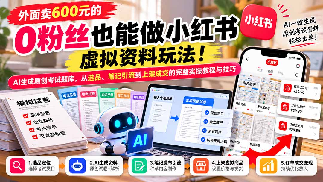 外面卖600元的 零粉丝也能做小红书虚拟资料玩法！AI生成原创考试题库，从选品、笔记引流到上架成交的完整实操教程|一人科技OPC聚合软件