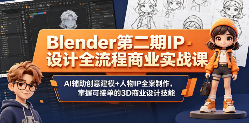Blender第二期IP设计全流程商业实战课，AI辅助创意建模+人物IP全案制作，掌握可接单的3D商业设计技能|一人科技公司导航