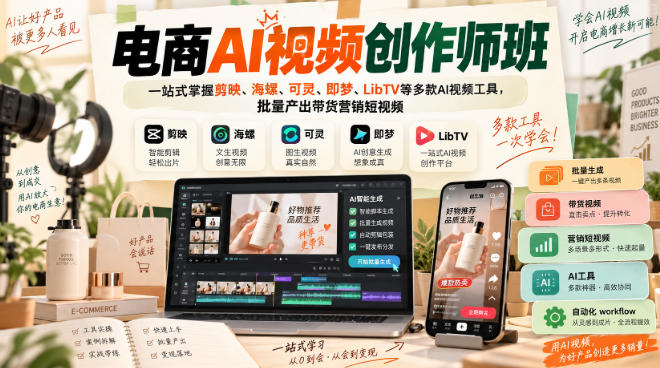 电商AI视频创作师班，一站式掌握剪映、海螺、可灵、即梦、LibTV等多款AI视频工具，批量产出带货营销短视频|一人科技OPC聚合软件
