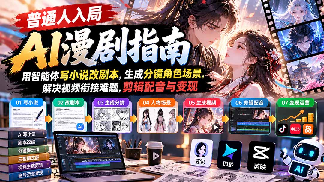 【无水印】普通人入局AI漫剧指南：用智能体写小说改剧本，生成分镜角色场景，解决视频衔接难题，剪辑配音与变现|一人科技OPC聚合软件