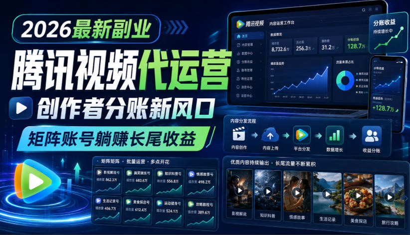 2026最新副业之腾讯视频代运营：创作者分账新风口，矩阵账号躺賺长尾收益【揭秘】|一人科技OPC聚合软件