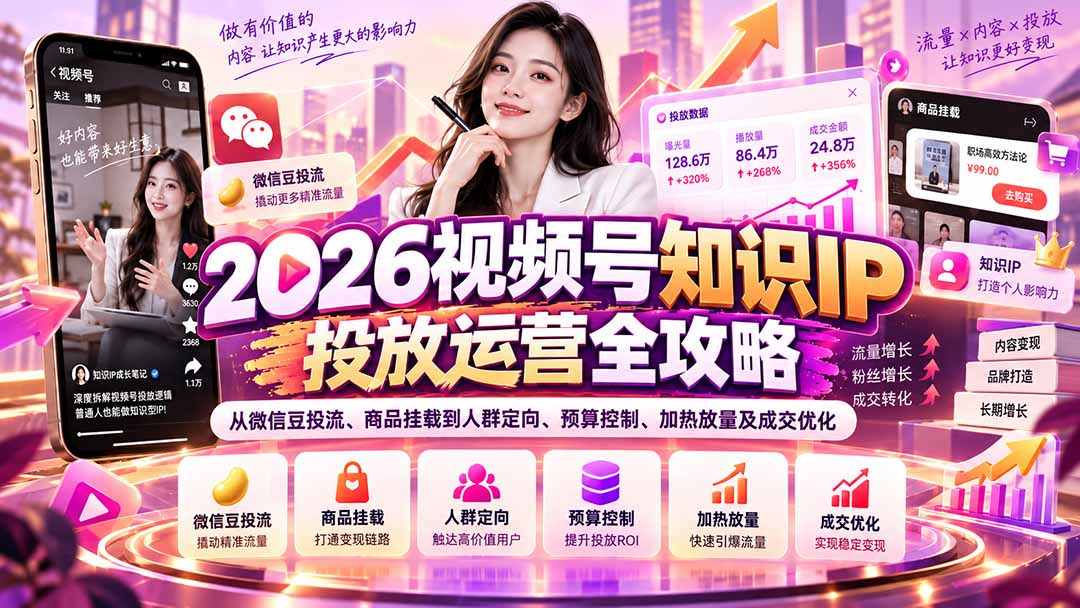 2026视频号知识IP投放运营全攻略：从微信豆投流、商品挂载到人群定向、预算控制、加热放量及成交优化|一人科技OPC聚合软件