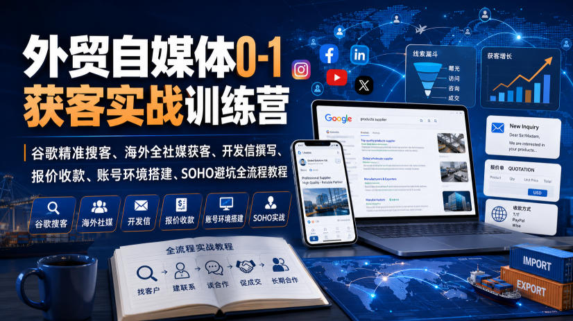 外贸自媒体0-1获客实战训练营｜谷歌精准搜客、海外全社媒获客、开发信撰写、报价收款、账号环境搭建、SOHO避坑全流程教程(更新)|一人科技OPC聚合软件