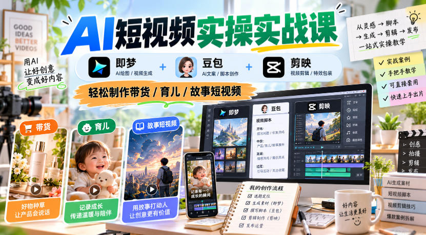 AI短视频实操实战课，即梦+豆包+剪映，轻松制作带货/育儿/故事短视频|一人科技OPC聚合软件