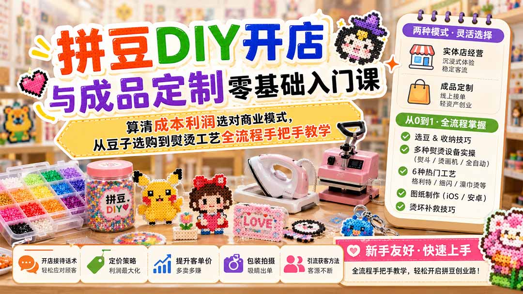 拼豆DIY开店与成品定制零基础入门课；算清成本利润选对商业模式，从豆子选购到熨烫工艺全流程手把手教学|一人科技OPC聚合软件