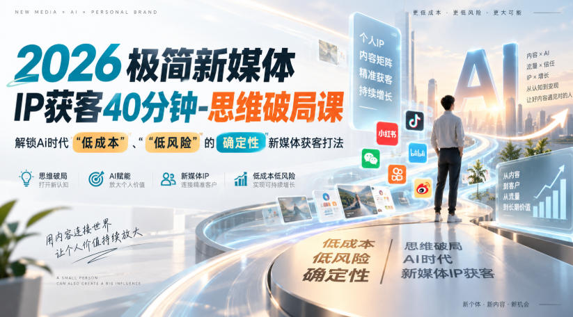 2026极简新媒体IP获客40分钟-思维破局课，解锁Ai时代“低成本”、“低风险”的确定性新媒体获客打法|一人科技OPC聚合软件