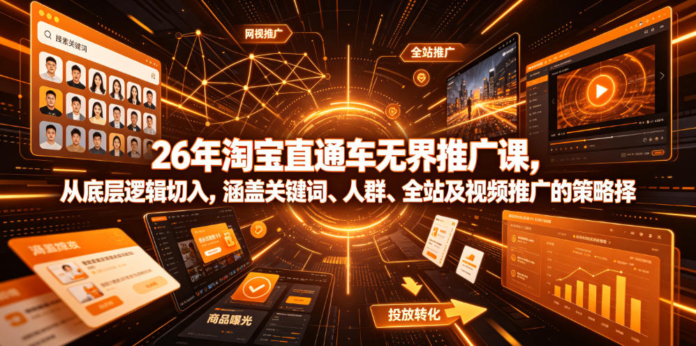 26年淘宝直通车无界推广课，从底层逻辑切入，涵盖关键词、人群、全站及视频推广的策略选择|一人科技OPC聚合软件