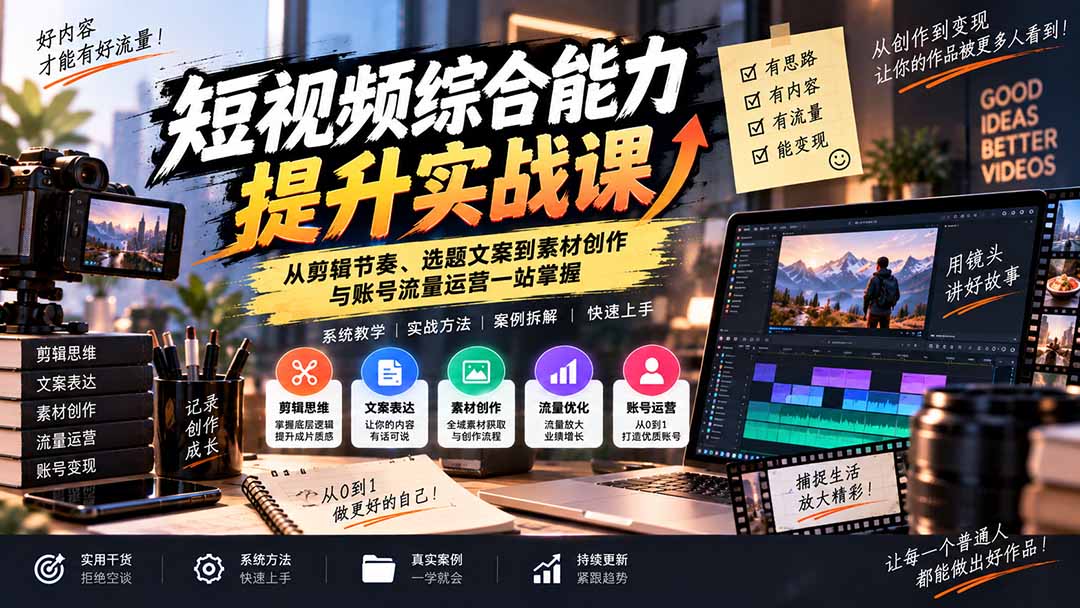 短视频综合能力提升实战课：从剪辑节奏、选题文案到素材创作与账号流量运营一站掌握|一人科技OPC聚合软件
