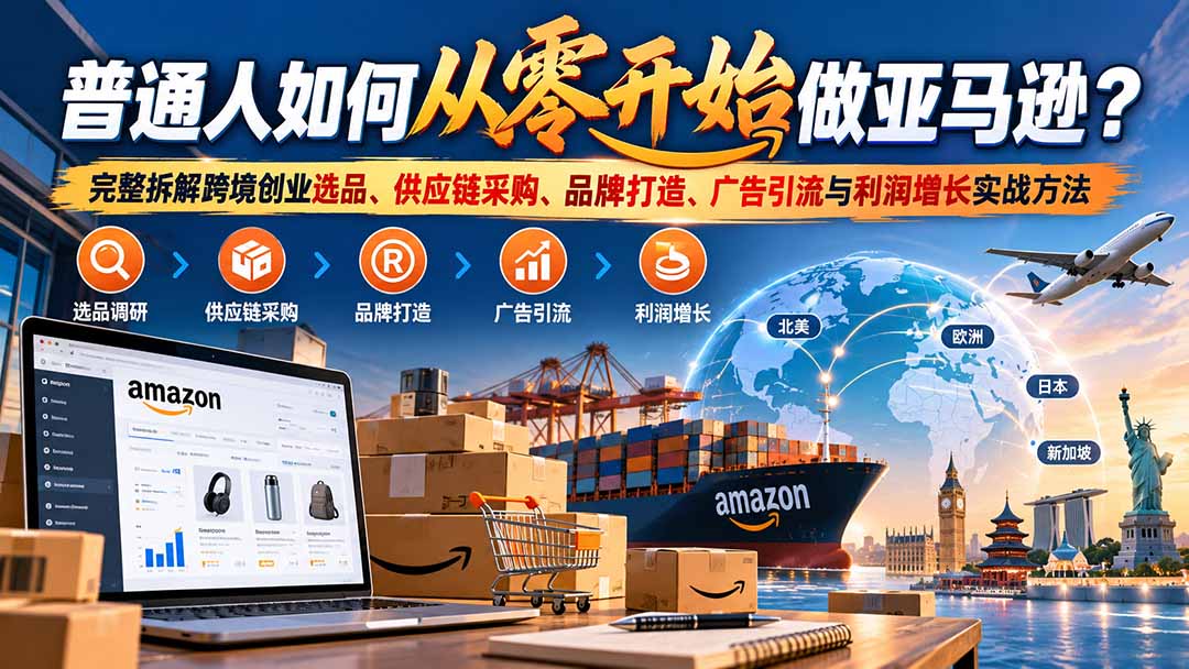 普通人如何从零开始做亚马逊？完整拆解跨境创业选品、供应链采购、品牌打造、广告引流与利润增长实战方法|一人科技OPC聚合软件