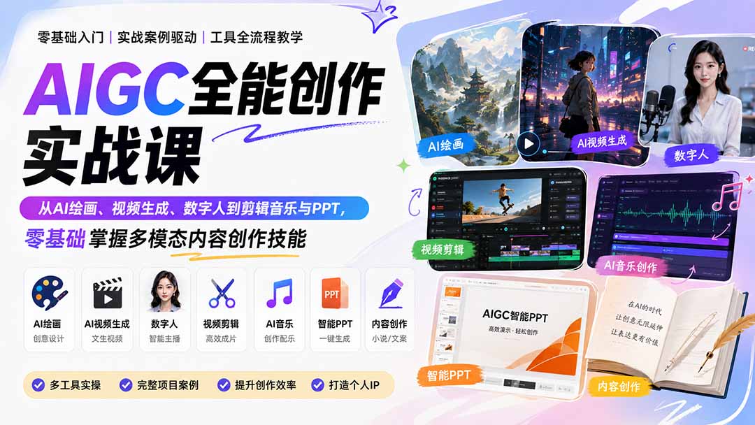AIGC全能创作实战课：从AI绘画、视频生成、数字人到剪辑音乐与PPT，零基础掌握多模态内容创作技能|一人科技OPC聚合软件