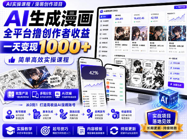 AI生成漫画全平台撸创作者收益内部课程，实操最高单日变现1k+|一人科技OPC聚合软件