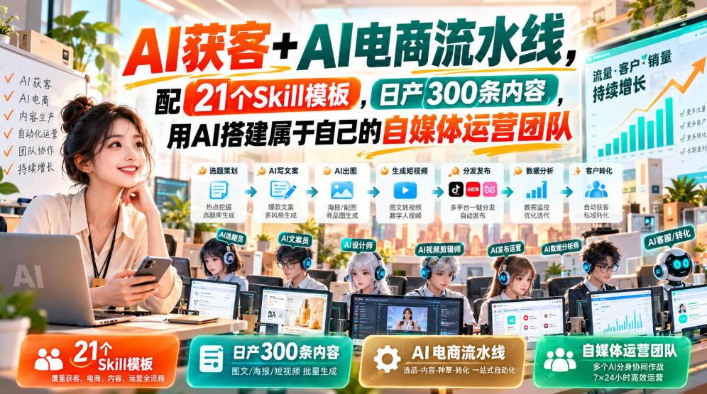 AI获客+AI电商流水线，配21个Skill模板，日产300条内容，用AI搭建属于自己的自媒体运营团队|一人科技OPC聚合软件