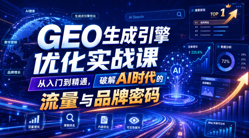 GEO生成引擎优化实战课，从入门到精通，破解AI时代的流量与品牌密码|一人科技OPC聚合软件