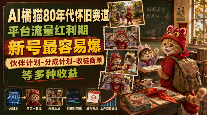 AI橘猫80年代怀旧赛道，平台流量红利期，新号最容易爆，伙伴计划-分成计划-收徒商单等多种收益|一人科技OPC聚合软件