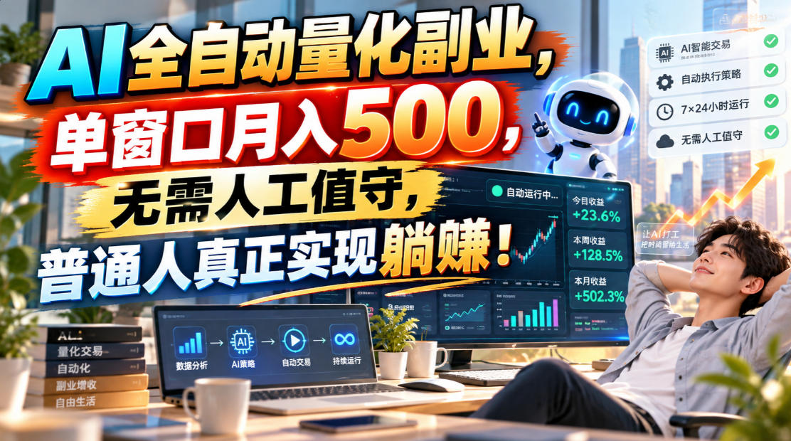 AI全自动量化副业，单窗口月入500，无需人工值守，普通人真正实现躺賺！|一人科技OPC聚合软件