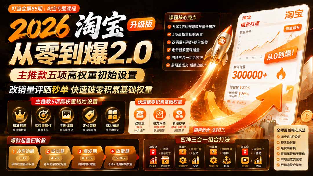 2026淘宝从零到爆2.0第85期；主推款五项高权重初始设置，改销量评晒秒单快速破零积累基础权重|一人科技OPC聚合软件