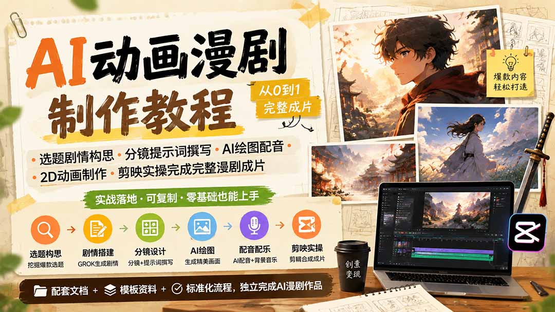 AI动画漫剧制作教程｜选题剧情构思·分镜提示词撰写·AI绘图配音·2D动画制作·剪映实操完成完整漫剧成片|一人科技OPC聚合软件