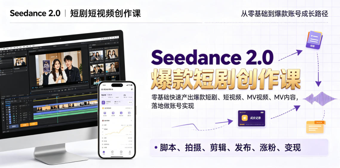 Seedance 2.0短剧短视频创作课，零基础快速产出爆款短剧、短视频、MV内容，落地做账号实现变现|一人科技公司导航