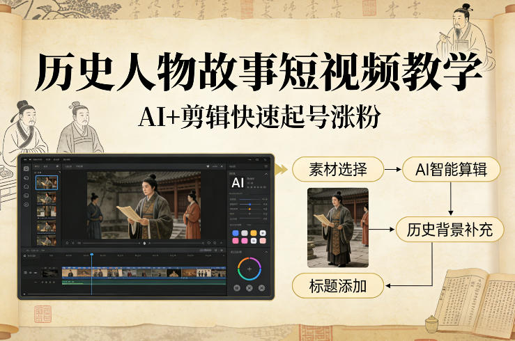 历史人物故事短视频教学，AI+剪辑制作历史人物题材短视频，快速起号涨粉|协议软件打粉软件