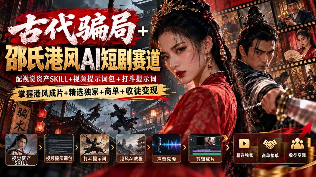 古代骗局+邵氏港风AI短剧赛道：配视觉资产SKILL+视频提示词包+打斗提示词，掌握港风成片+精选独家+商单+收徒变现|一人科技OPC聚合软件