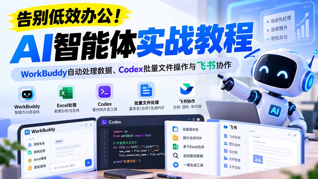 【无水印】告别低效办公！《AI智能体实战教程》WorkBuddy自动处理数据、Codex批量文件操作与飞书协作|一人科技OPC聚合软件