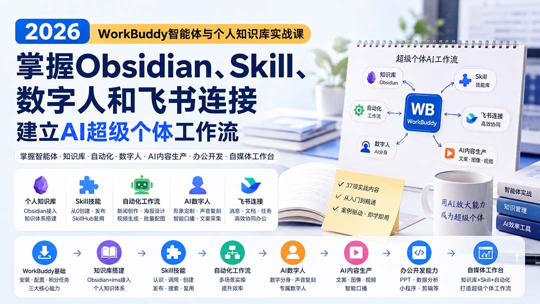 2026 WorkBuddy智能体与个人知识库实战课：掌握Obsidian、Skill、数字人和飞书连接，建立AI超级个体工作流|一人科技OPC聚合软件