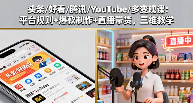 头条/好看/腾讯/YouTube/多变现课：平台规则+爆款制作+直播带货，三维教学|HOOK协议网