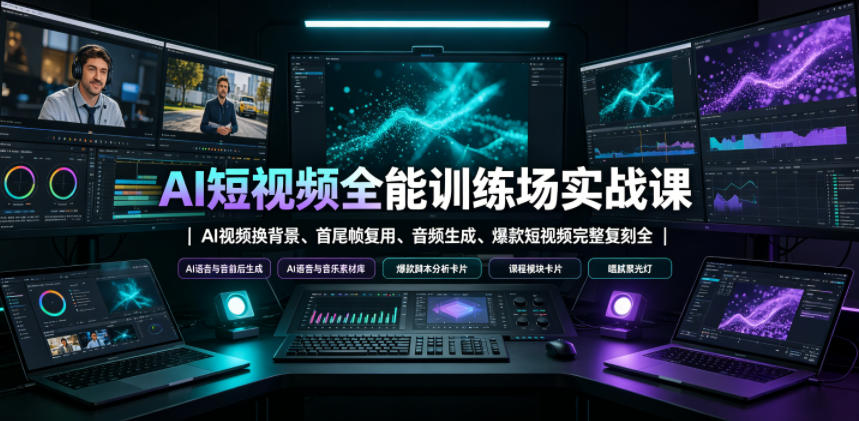 AI短视频全能训练场实战课｜AI视频换背景、首尾帧复用、音频生成、爆款短视频完整复刻全套实操教学|一人科技OPC聚合软件