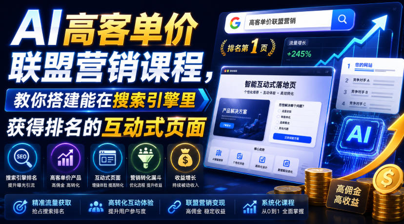 AI高客单价联盟营销课程，教你搭建能在搜索引擎里获得排名的互动式页面，引来流量，把访客转化为高佣金的成交【原创双语字幕】|一人科技OPC聚合软件