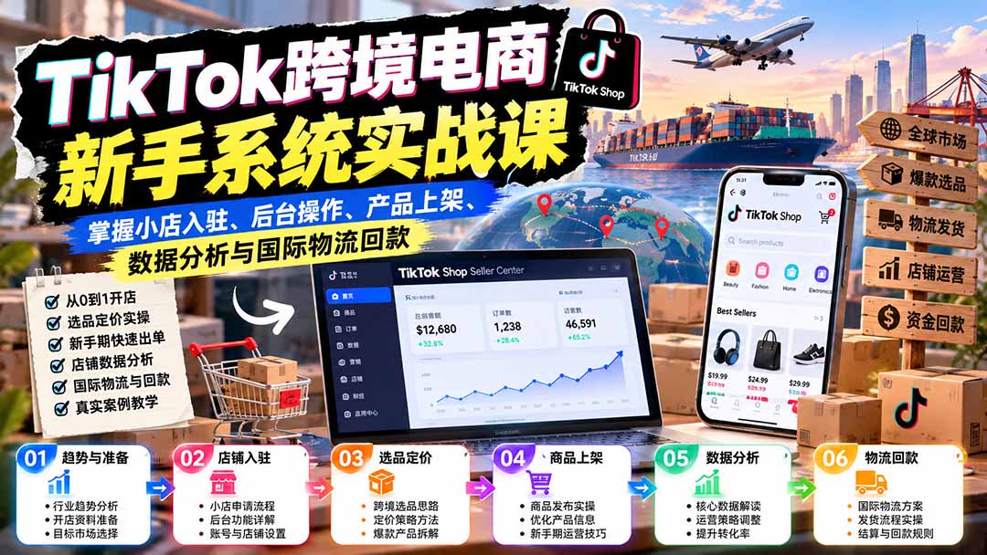 TikTok跨境电商新手系统实战课：掌握小店入驻、后台操作、产品上架、数据分析与国际物流回款|一人科技OPC聚合软件