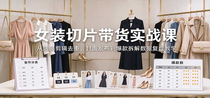 女装切片带货实战课：从选品剪辑去重，封面发布到爆款拆解数据复盘教学|一人科技OPC聚合软件