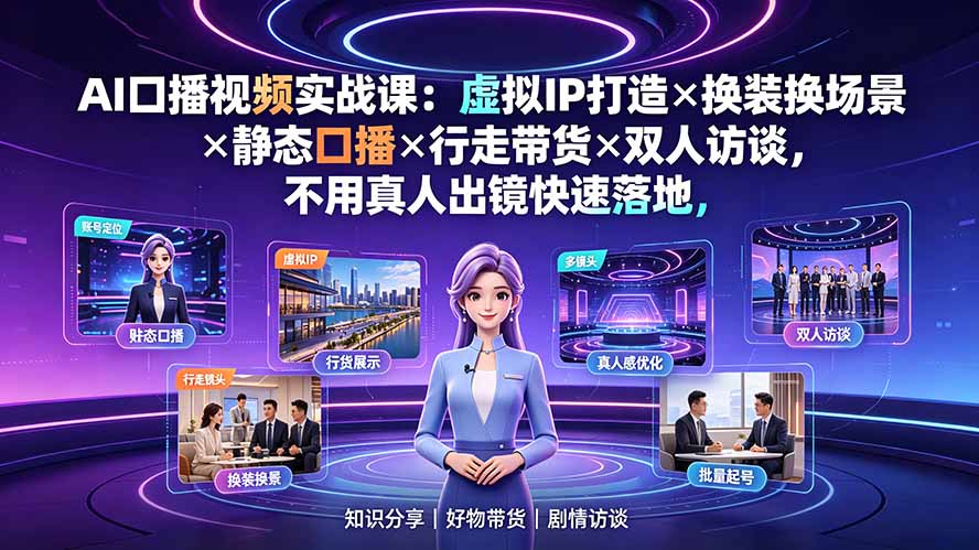 AI口播视频实战课：虚拟IP打造×换装换场景×静态口播×行走带货×双人访谈，不用真人出镜快速落地|一人科技OPC聚合软件