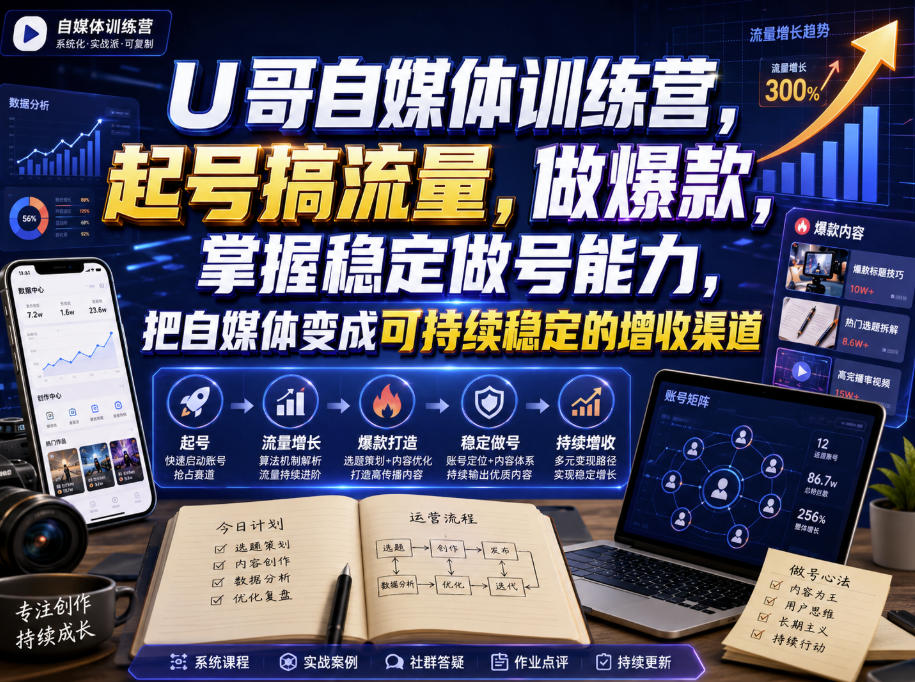 U哥自媒体训练营，起号搞流量，做爆款，掌握稳定做号能力，把自媒体变成可持续稳定的增收渠道|一人科技OPC聚合软件