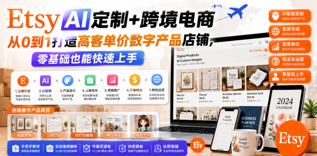Etsy AI定制+跨境电商，从0到1打造高客单价数字产品店铺，零基础也能快速上手|一人科技公司导航