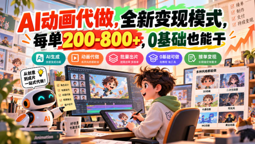 AI动画代做，全新变现模式，每单200-800+，0基础也能干【揭秘】|一人科技OPC聚合软件