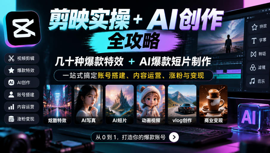 剪映实操+AI创作全攻略｜几十种爆款特效+AI爆款短片制作，一站式搞定账号搭建、内容运营、涨粉与变现|一人科技OPC聚合软件