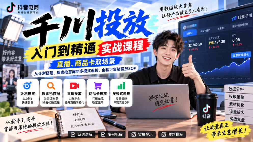 千川投放入门到精通实战课程，直播、商品卡双场景，从计划搭建、搜索抢首屏到多模式追投，全套可复制投放SOP|一人科技OPC聚合软件