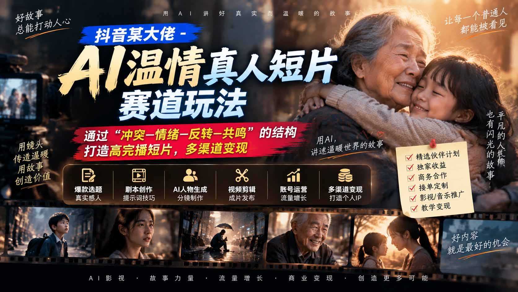 抖音某大佬-AI温情真人短片赛道玩法：通过“冲突—情绪—反转—共鸣”的结构打造高完播短片，多渠道变现|一人科技OPC聚合软件