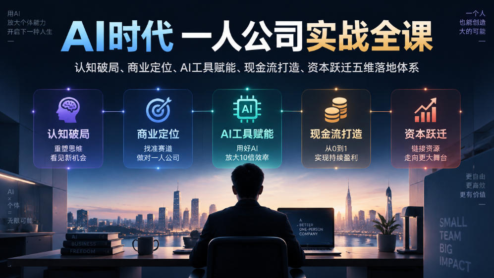 AI时代一人公司实战全课｜认知破局、商业定位、AI工具赋能、现金流打造、资本跃迁五维落地体系|一人科技OPC聚合软件