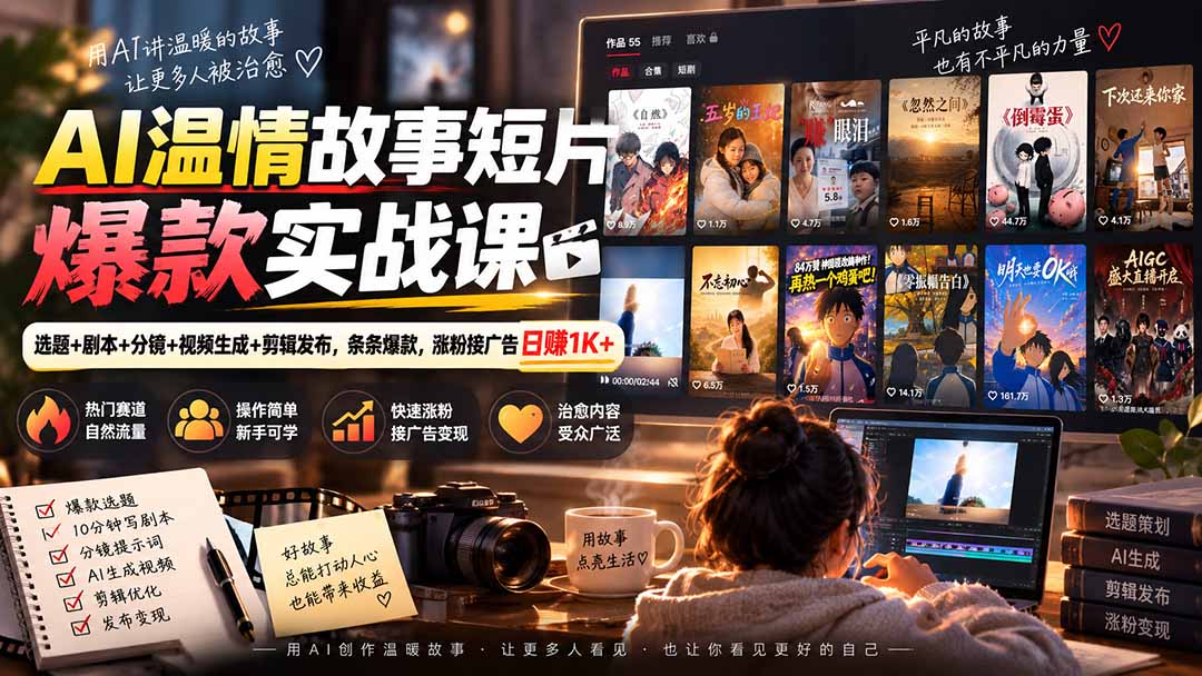 AI温情故事短片爆款实战课-更新｜选题+剧本+分镜+视频生成+剪辑发布，条条爆款，涨粉接广告日赚1K+|一人科技OPC聚合软件